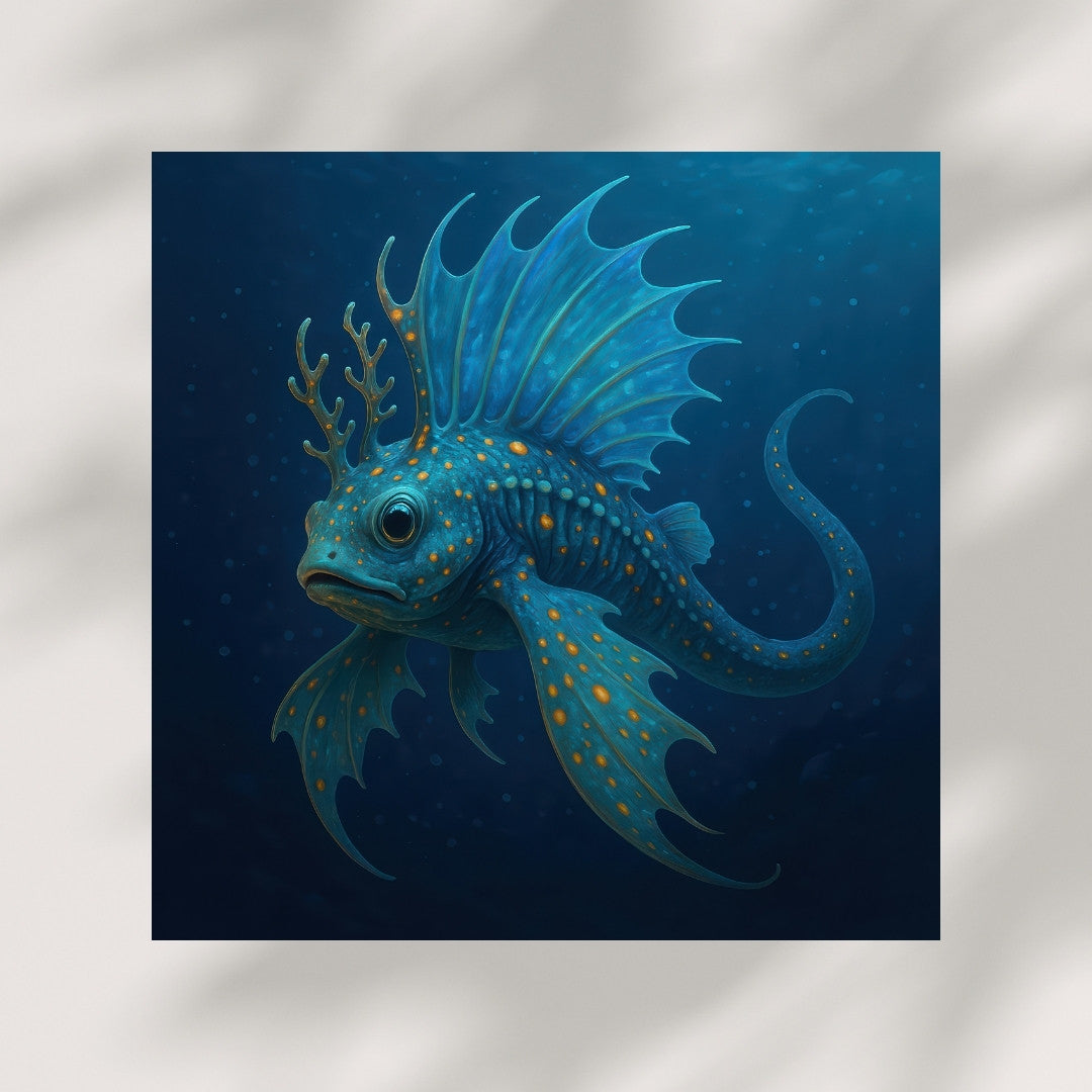 Fantasy blue sea creature with spotted scales and antler-like fins underwater art print
