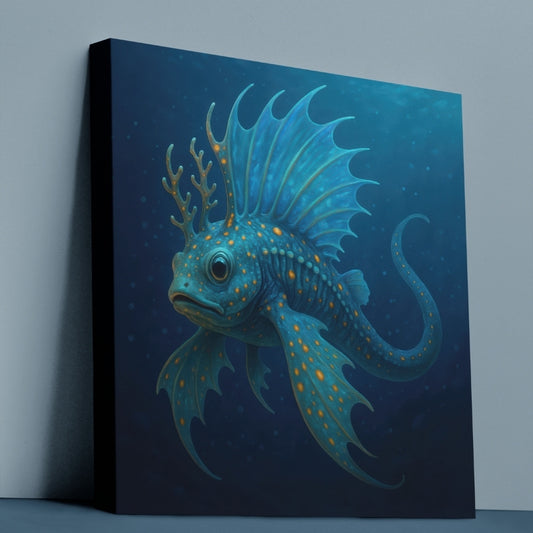 A framed artwork featuring a fantastical blue fish with orange spots and fin details