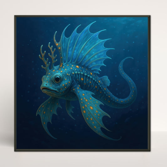 A framed artwork featuring a fantastical blue fish with orange spots and fin details