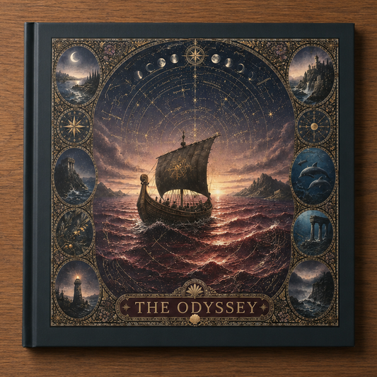 Book titled 'The Odyssey' with a ship design on a wooden surface
