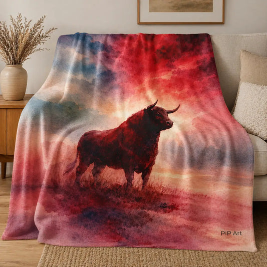 Blanket with a bull design draped over a couch in a living room setting.