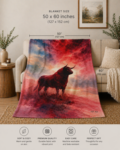 Bull art blanket featuring a red sunset watercolor design draped over a neutral sofa in a cozy modern living room setting