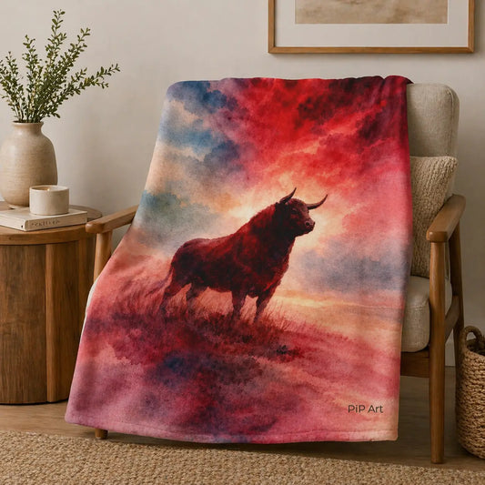 Bull art blanket featuring a red sunset watercolor design draped over a neutral sofa in a cozy modern living room setting