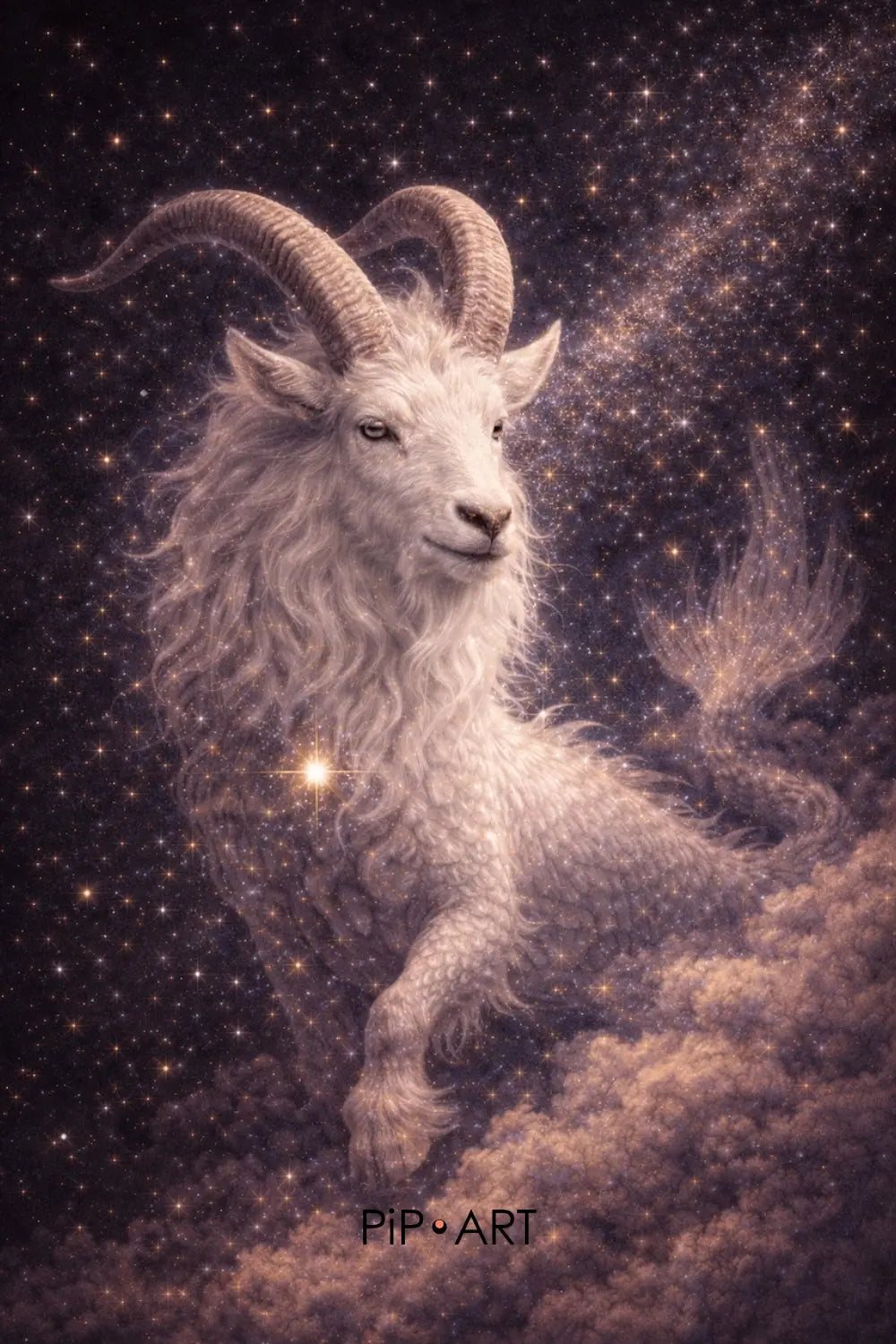 Mythology inspired celestial goat with curved horns surrounded by stars and cosmic sky, Capricorn Mythology Inspired Artwork
