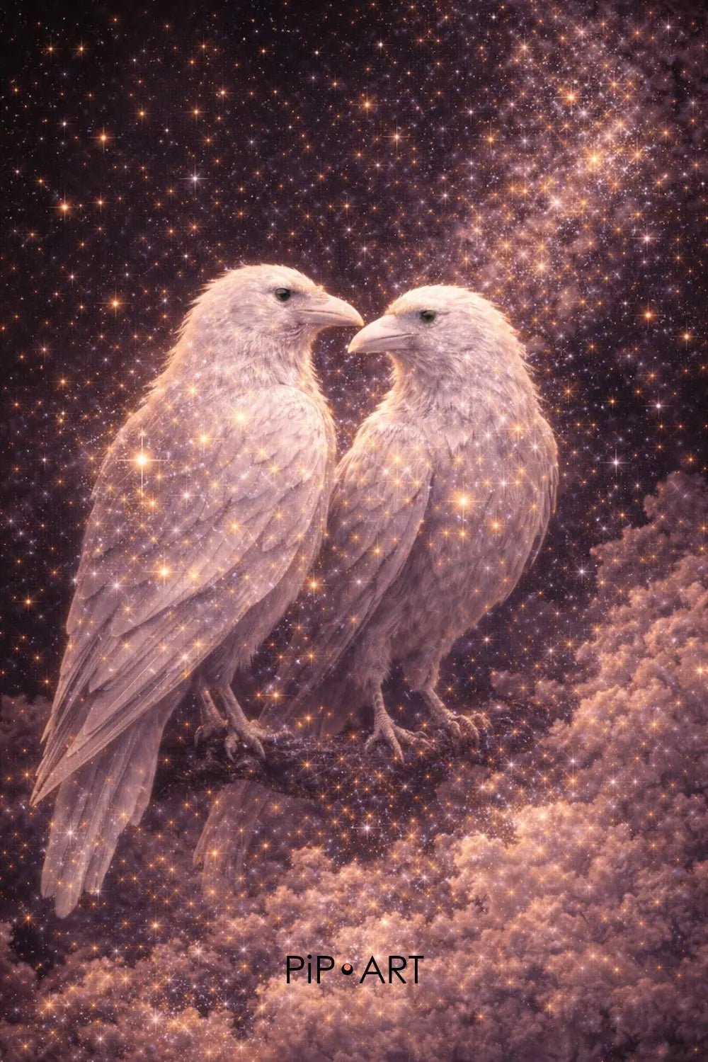 Two ravens facing each other in a mirrored composition with glowing stars and cosmic sky, mythology inspired celestial bird artwork