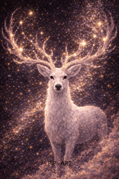 White stag with glowing constellation antlers surrounded by stars and cosmic sky, mythology inspired celestial animal artwork