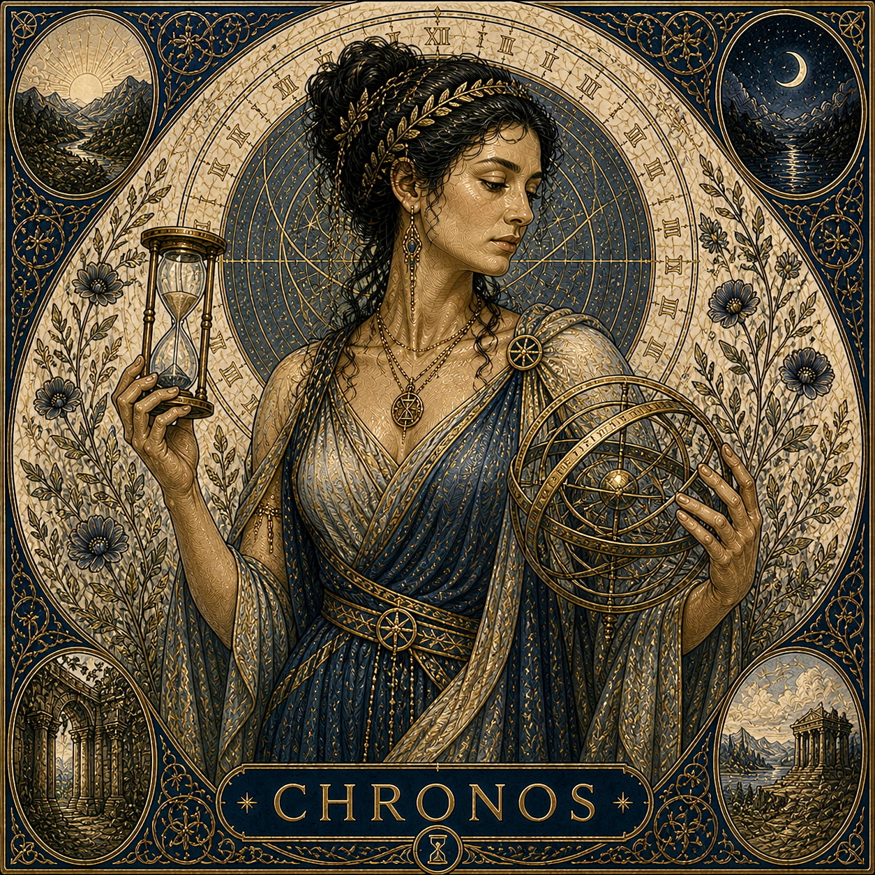Celestial portrait of Chronos surrounded by ornate geometric and cosmic motifs
