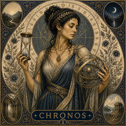 Celestial portrait of Chronos surrounded by ornate geometric and cosmic motifs
