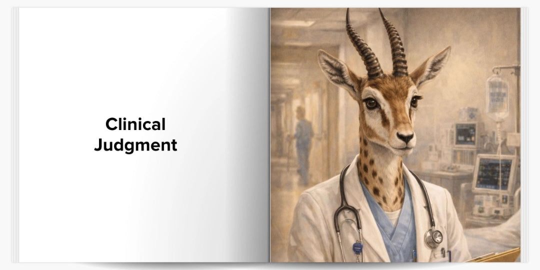 Open book showing gazelle doctor in hospital setting illustrating clinical judgment concept