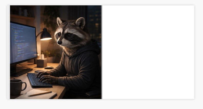 Raccoon working on computer at night representing programming and focused digital work