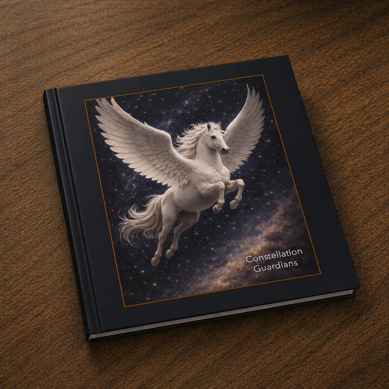 Hardcover mythology art book featuring Pegasus winged horse with constellation background and starry night sky design