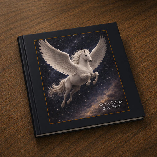 Hardcover mythology art book featuring Pegasus winged horse with constellation background and starry night sky design