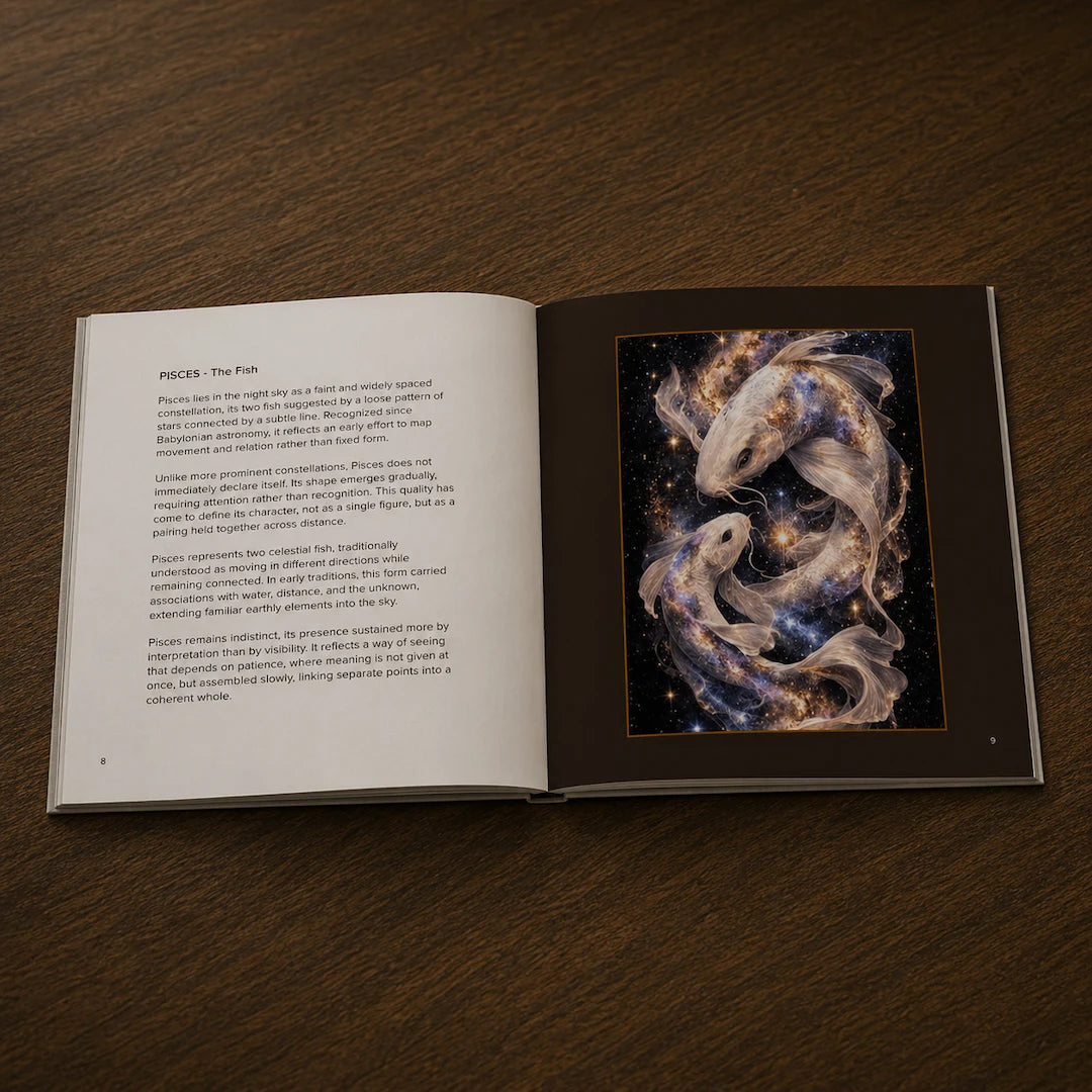 Open art book displaying Pisces constellation fish illustration with glowing stars and cosmic background on wooden table