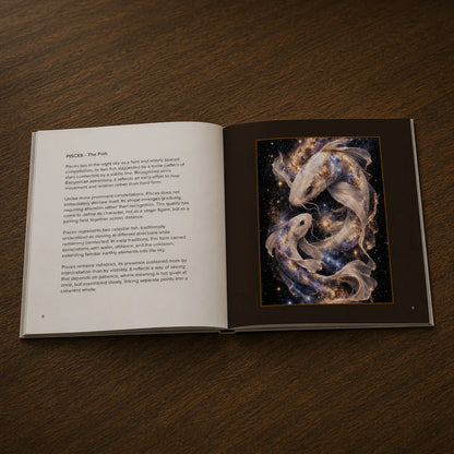 Open art book displaying Pisces constellation fish illustration with glowing stars and cosmic background on wooden table