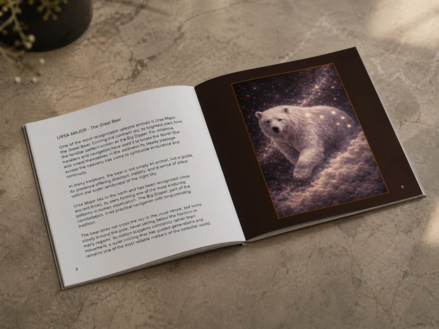 Open mythology art book showing Ursa Major bear illustration with constellation stars and celestial sky design on right page