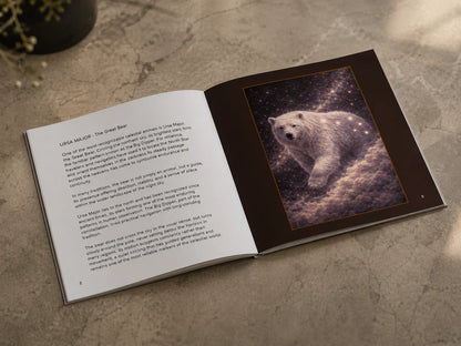Open mythology art book showing Ursa Major bear illustration with constellation stars and celestial sky design on right page