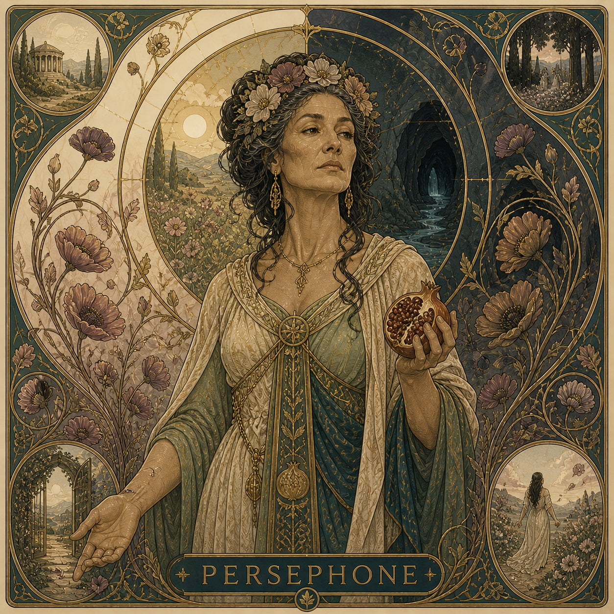 Contemporary symbolic illustration of Persephone inspired by transformation and duality