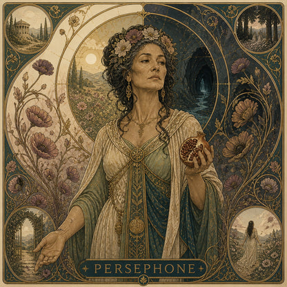 Contemporary symbolic illustration of Persephone inspired by transformation and duality