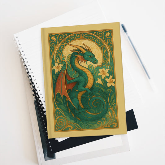 Art Nouveau dragon journal with green and gold fantasy design, floral details on notebook cover