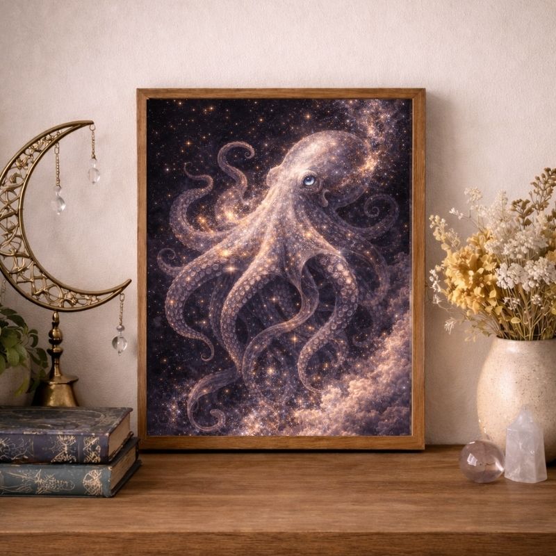 framed wall art featuring a cosmic octopus in a starry night ocean fantasy scene