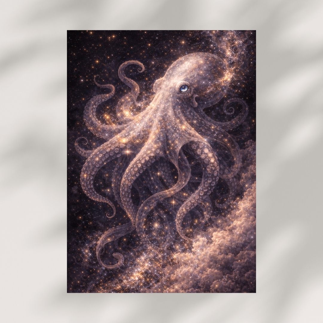 Fantasy wall art of a cosmic octopus floating in a starry night sky, celestial ocean scene