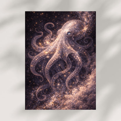 Fantasy wall art of a cosmic octopus floating in a starry night sky, celestial ocean scene