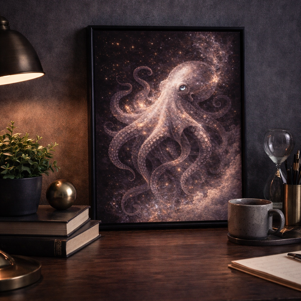 Cosmic octopus wall art print on a modern desk, surrounded by books, lamp, and mugs.