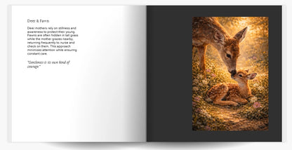 Open book displaying deer and fawn illustration with text about gentle maternal protection in nature
