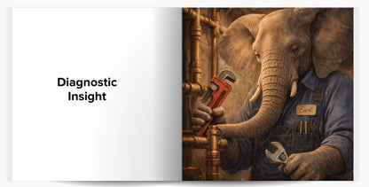 Book spread featuring elephant mechanic fixing pipes symbolizing diagnostic thinking and problem solving
