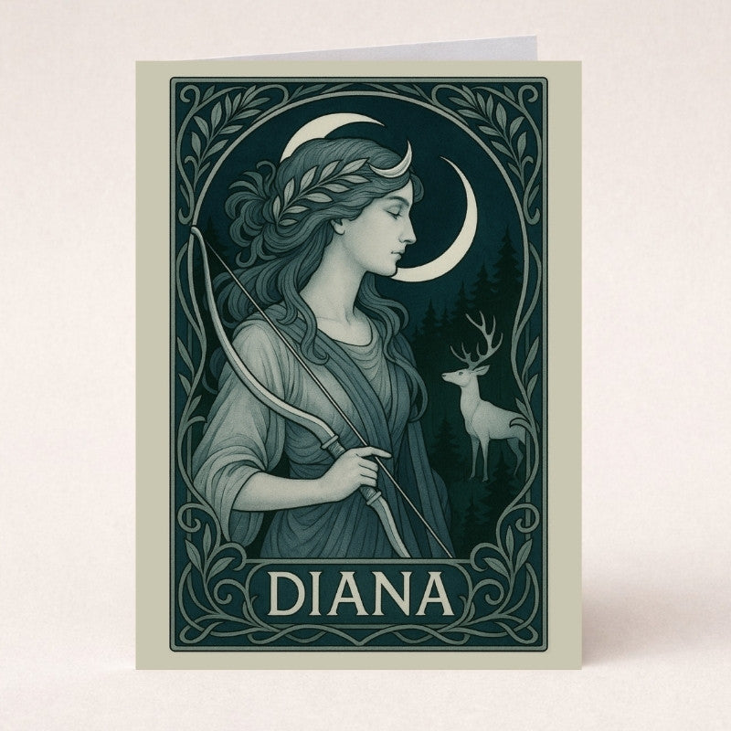 Art Nouveau greeting card featuring Diana with a bow, crescent moon, and deer in a forest.