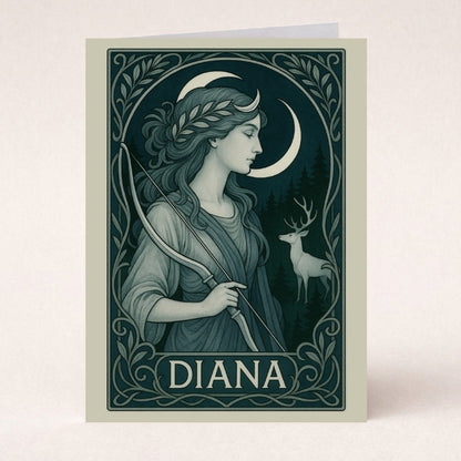 Art Nouveau greeting card featuring Diana with a bow, crescent moon, and deer in a forest.