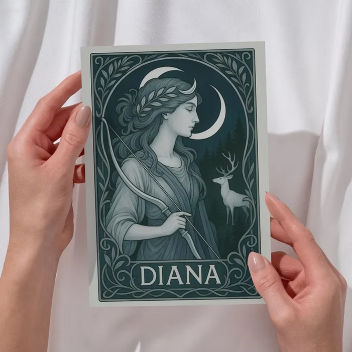 Art Nouveau greeting card featuring Diana, Roman goddess of the hunt.