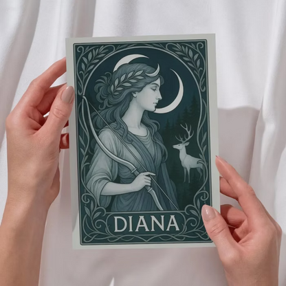 Art Nouveau greeting card featuring Diana, Roman goddess of the hunt.
