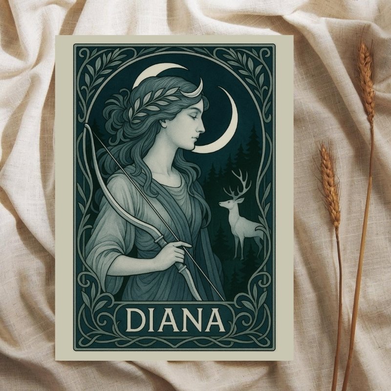 Art Nouveau greeting card of Diana with bow, crescent moon, stag, and forest background