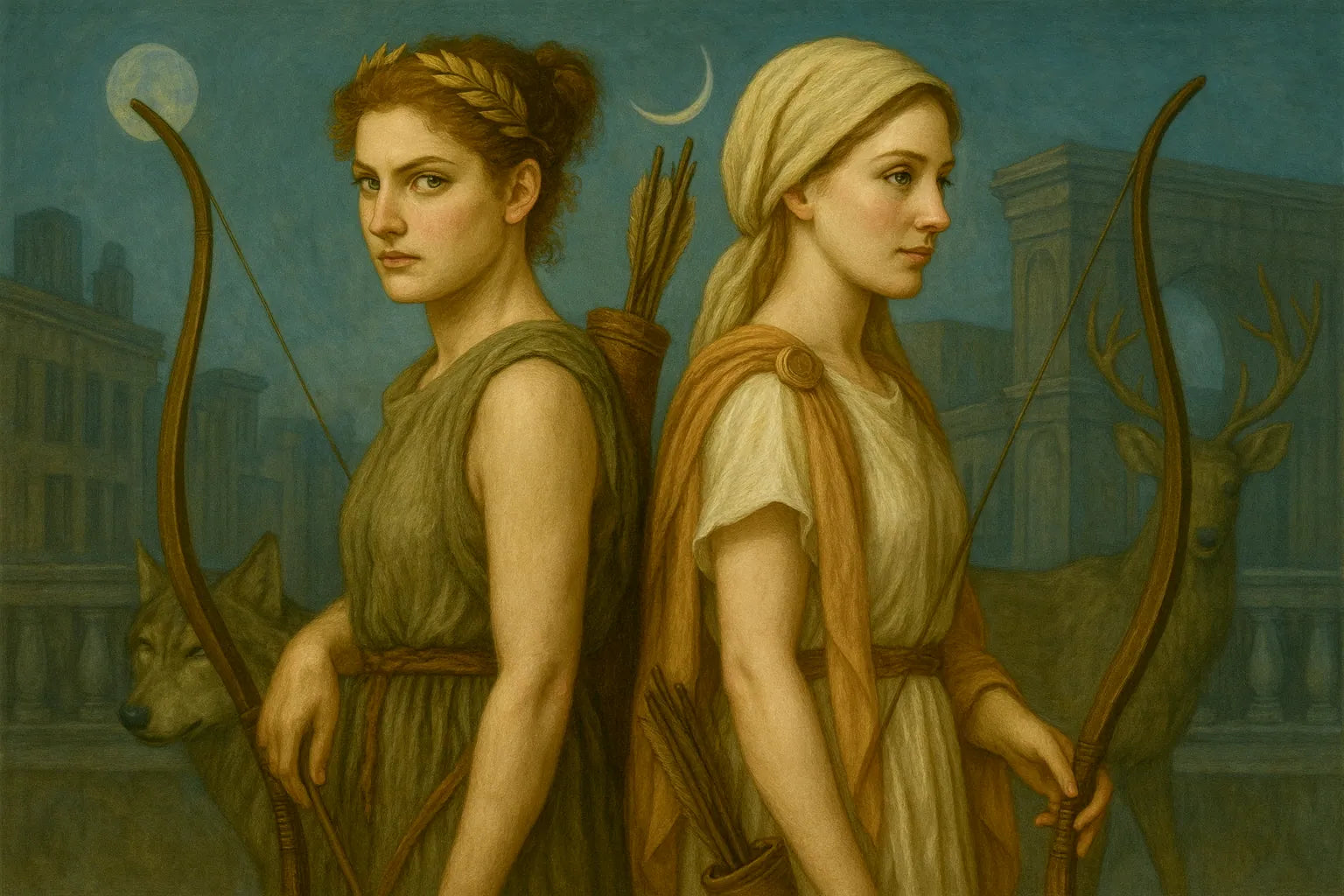 Diana and Artemis depicted back-to-back with bows and arrows, surrounded by deer and a wolf under moonlight — mythological goddess artwork inspired by classical antiquity and nature symbolism.