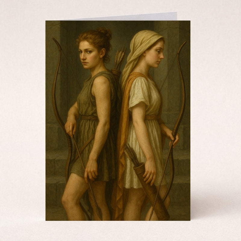 Mythological archer sisters with bows, quivers, and classical robes on a greeting card