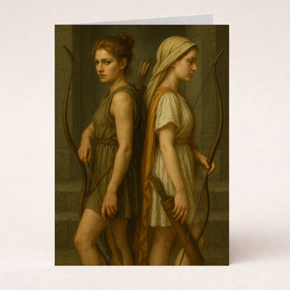 Mythological archer sisters with bows, quivers, and classical robes on a greeting card