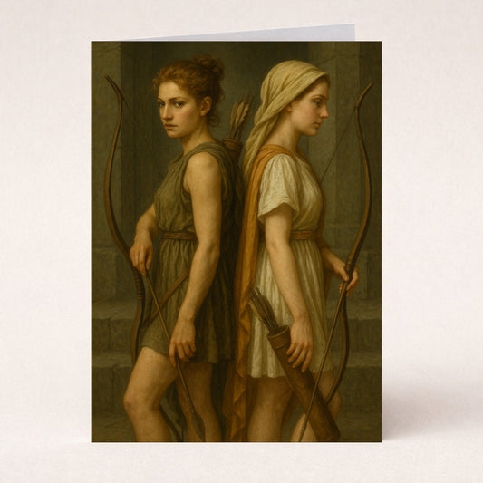 Mythological archer sisters with bows, quivers, and classical robes on a greeting card
