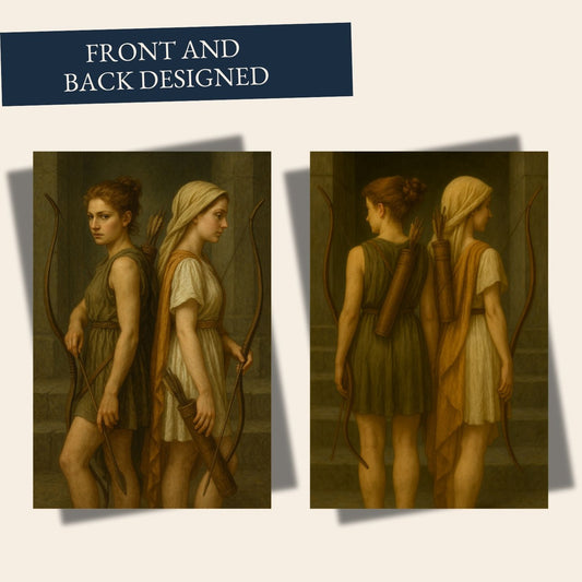 Mythological archer sisters greeting card, two women with bows and quivers, classical style
