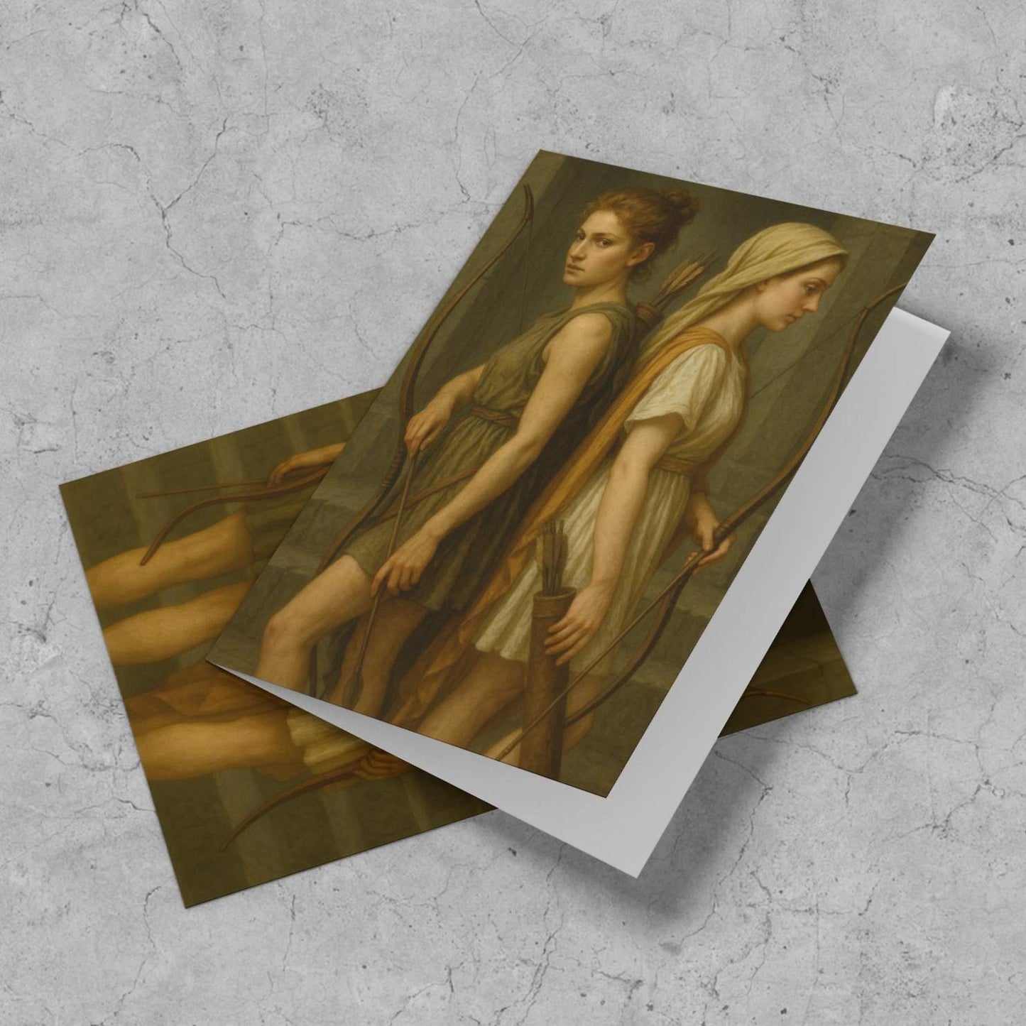 Greeting card featuring two mythological archer women with bows and quivers on a marble background
