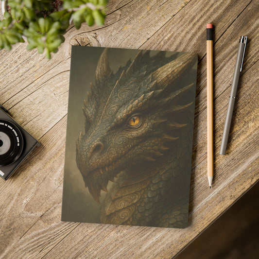 Dragon journal with detailed scales and fierce eyes — fantasy-inspired art notebook.