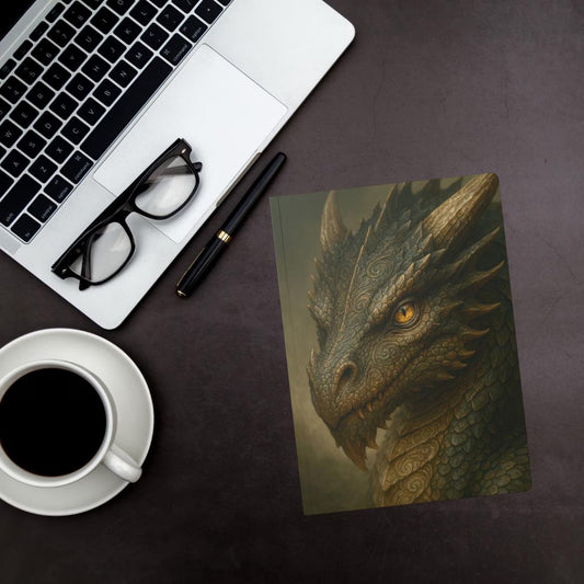  Dragon journal with detailed scales and fierce eyes — fantasy-inspired art notebook. 