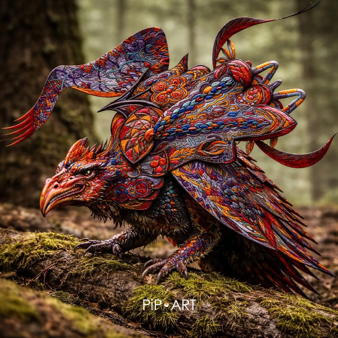 Red and purple dragon bird creature with elaborate wings and detailed patterns, standing on a mossy log in a forest setting