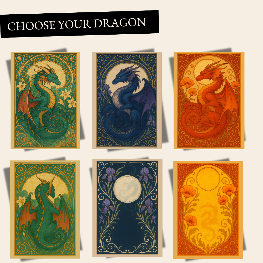 Mythical dragon art cards in ornate, fantasy-inspired designs and vibrant colors.