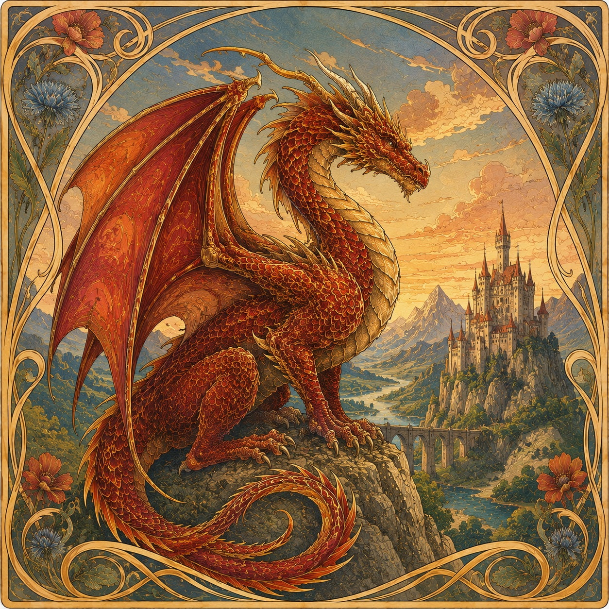 Dragon perched on a cliff with a castle in the background, surrounded by decorative elements.