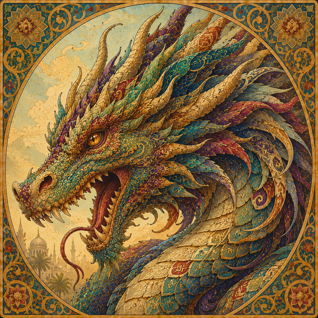 Colorful dragon illustration with intricate details and decorative border