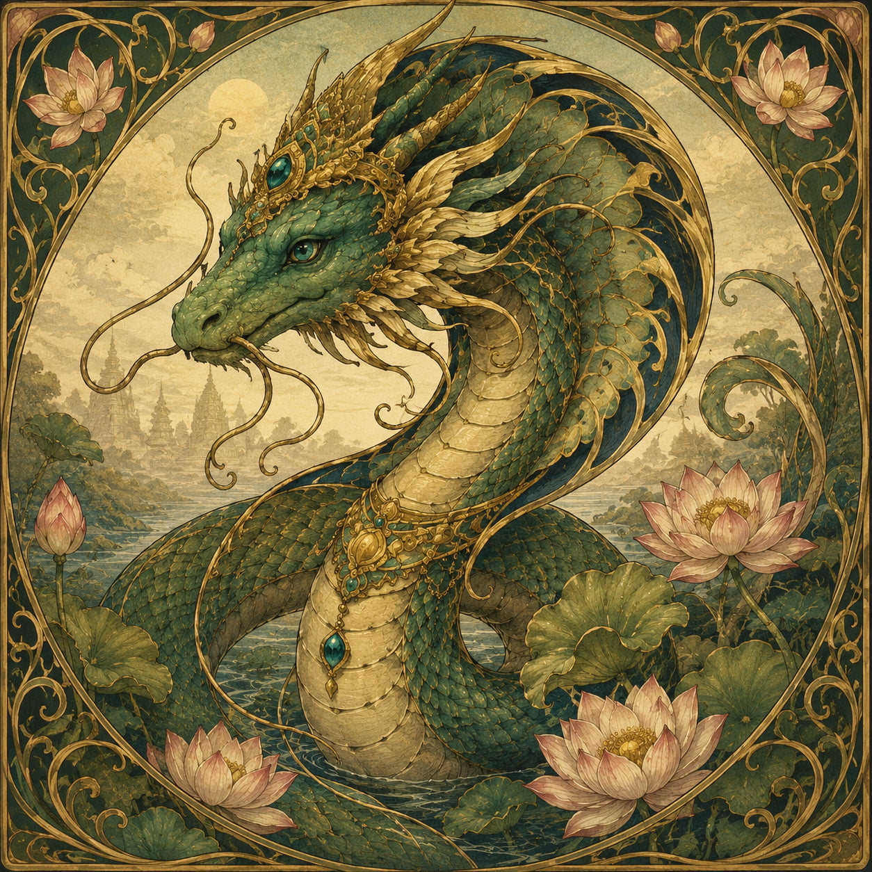 Decorative illustration of a dragon with lotus flowers and a scenic background