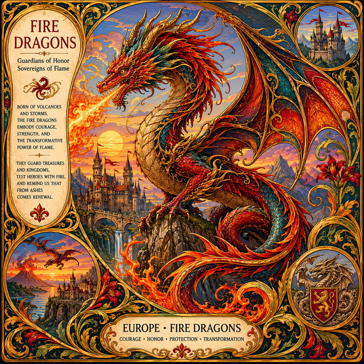 Colorful dragon illustration with decorative elements and text about Fire Dragons.
