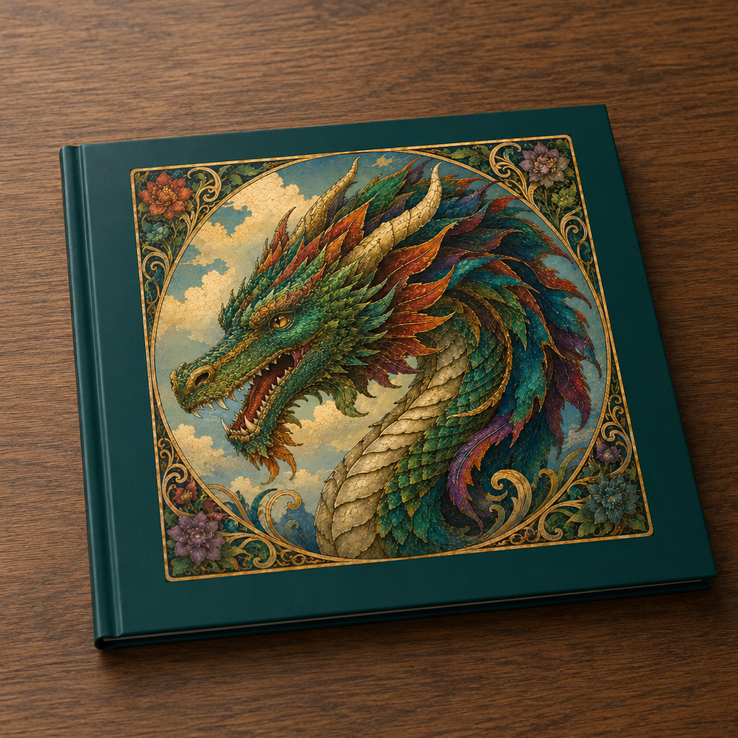 Book with a colorful dragon illustration on a wooden surface