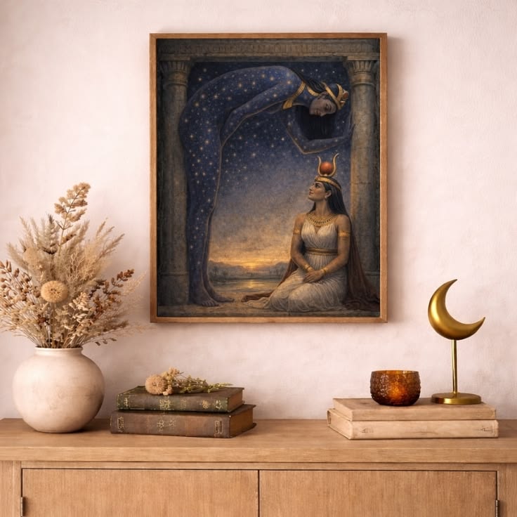 Egyptian mythology-inspired wall art with goddess figures, stars, and ancient decor accents